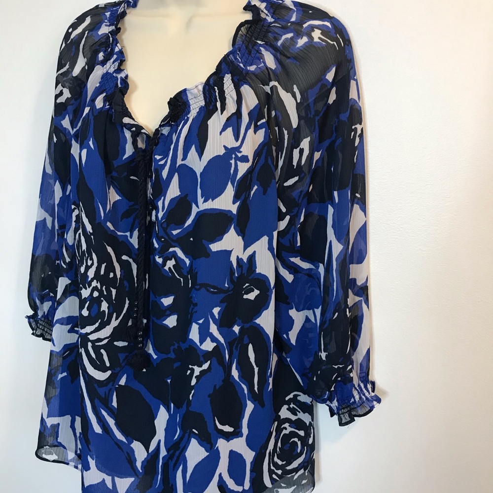 Dana Buchman Blue Floral Print Blouse Shirt Large - Picture 2 of 5